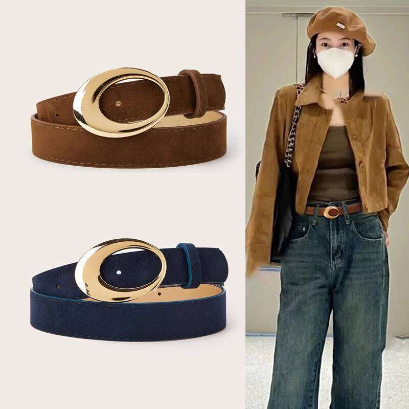 Simple Fashion Oval Golden Buckle Suede Leather 2.8cm Width Women Belt For Jeans Luxury Designer Dress Coat Brown Waistband Y260225
