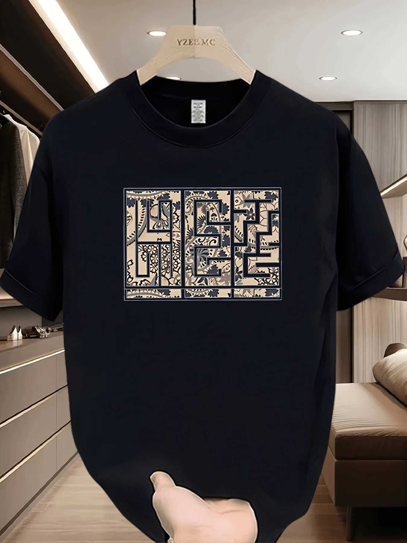 Men's 100% Cotton Oversized T-Shirt Breathable Short Sleeve Round Neck Minimalist Black Grid PrintT260225