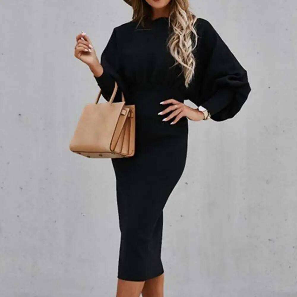 Crew Neck Elegant Lantern Sleeve High Waist Women Bodycorn Autumn Winter Office Ladies Midi Dress XJ260225