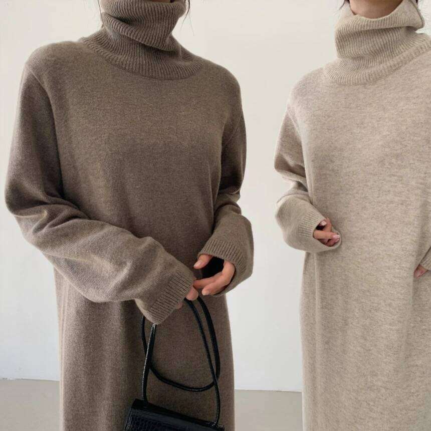 REALEFT Autumn Winter Elegant Turtleneck Loose Women's Knitted Dresses 2025 New Long Sleeve Solid Straight Dress Female XJ260225