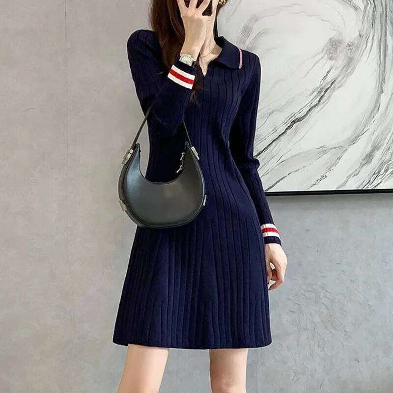 Korean Fashion Striped Patchwork Elegant Chic Knitted Dresses for Women Casual Polo Collar Long Sleeve Slim Mini Dress Vestidos XJ260225