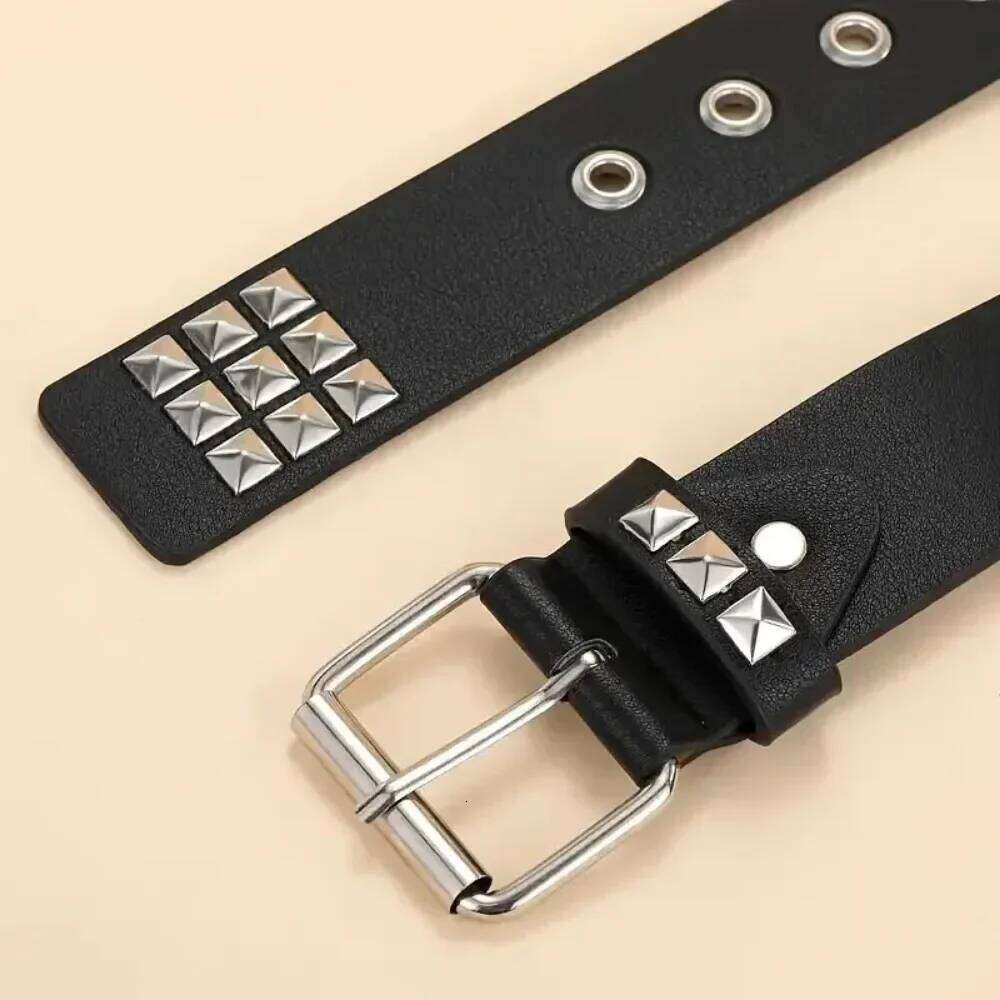 1Pcs Black Leather Belt with Silver Pyramid Studs Punk Rock Style Men Women Fashion Waist Strap Y260225