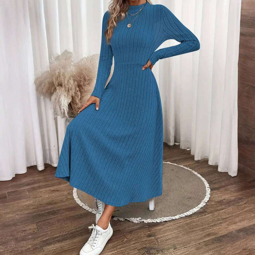 Women Fleece Ribbed Round Neck Solid Maxi Long Sleeve Chic Elegant Ladies Casual Party Dress Slim Fit Fashion Wear XJ260225