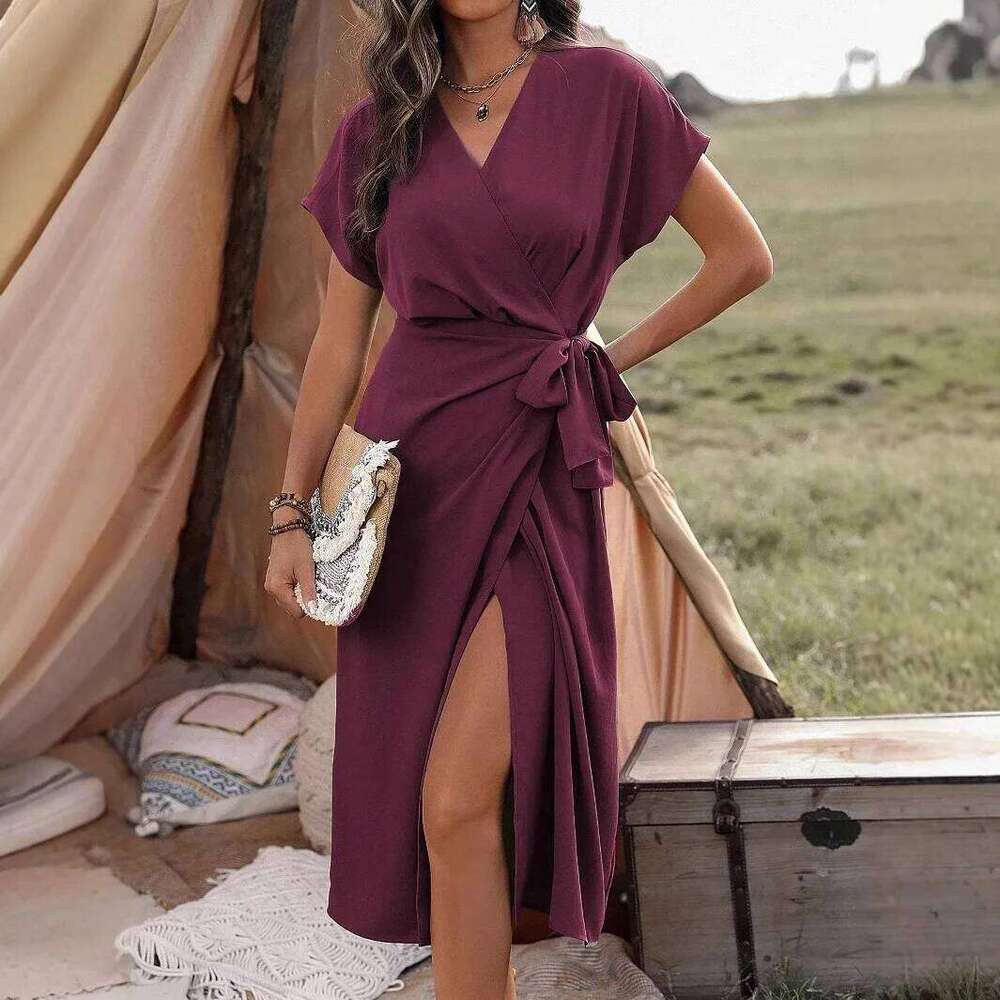 2 Summer New Dresses Fashionable Temperament Casual Commuting Fork Women's Solid Color Wrapped Tie up Skirt XJ260225