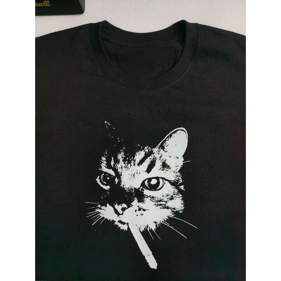 New High-quality American Street Smoking Cat Retro Trendy Personalized Printed T-shirt Men's Windshield Loose Short Sleeves C260225
