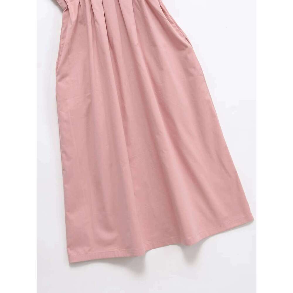 2025 Summer New Women's Clothing Round Neck Pleated Decorative Short Sleeve Slim Long Skirt Midi Dress XJ260225