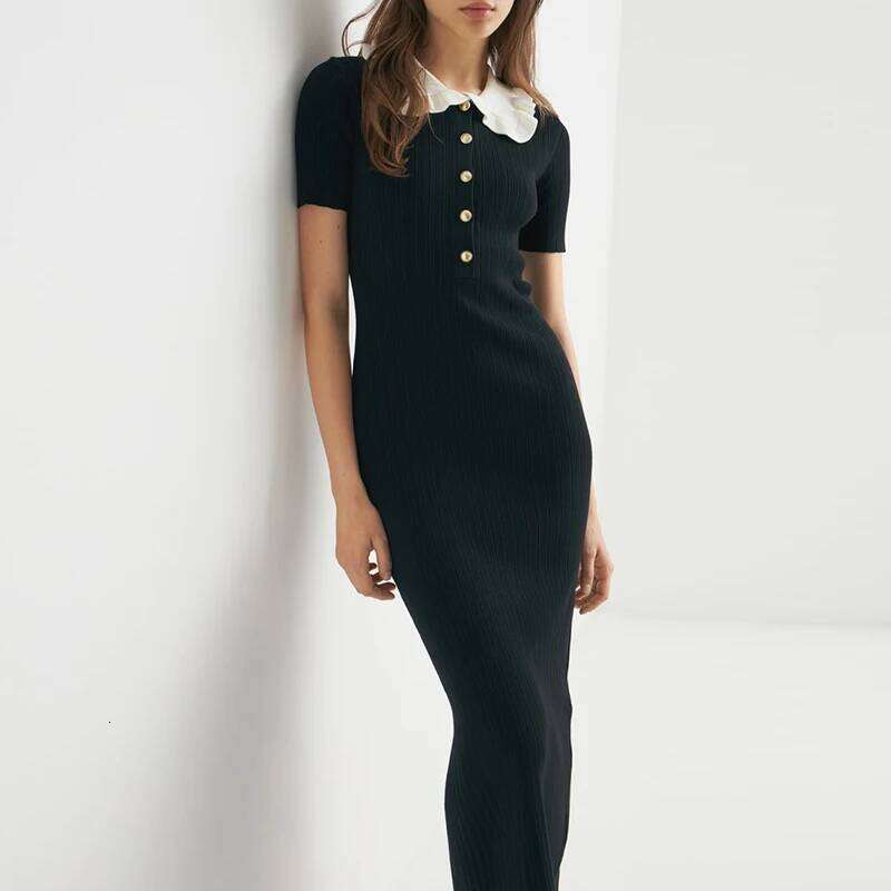 Spring Summer New Women's Short Sleeved Elegant Peter Pan Collar High Waist Holiday Dress Fashion Streetwear Long Dresses XJ260225