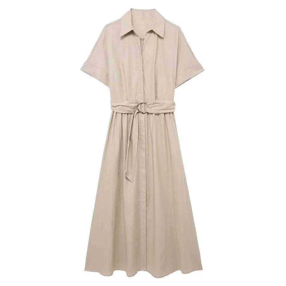 2024ZAR Summer New Women's Wear European and American Fashionable Minority Linen Blended Midi Shirt Style Dress XJ260225