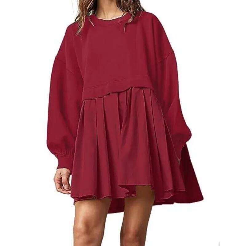 2024 Autumn Women's Sweatshirt Patchwork O-Neck Long Sleeve Oversize Loose Mini Casual Fashion Trendy Pleated Dress XJ260225