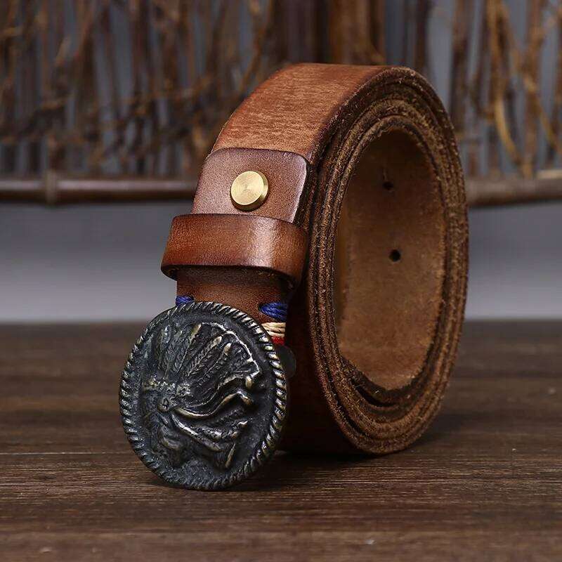 3.3 CM Pure Cowhide Matte Designer Genuine Leather Belt for Men's Jeans Vintage Brass Smooth Buckle Belts Cowboy Waistband Male Y260225