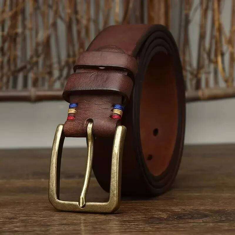 3.8CM Thick Retro Cowboy Male Cowhide Cowskin Genuine Leather Heavy Copper Buckle Belt For Jeans Men Strap Waist Y260225