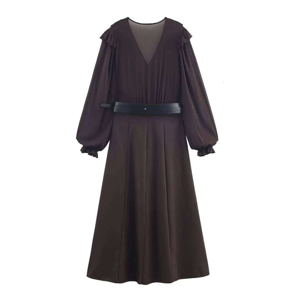 Woman Ruffles Elegant Spring Autumn Fashion Female Party With Belt Lady Long Sleeve V-Neck High Street Casual Dress XJ260225