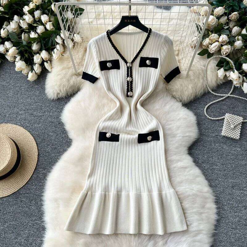 Elegant Knitted Slim Fit Summer Clothing Women Short Sleeve V-Neck Bodycon Midi Dresses OL Style Knitting Dress Robe Femme XJ260225