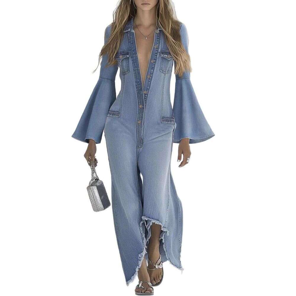 2026 Spring And Autumn New Women's Loose Solid Color Casual Single-Breasted Denim Jumpsuit