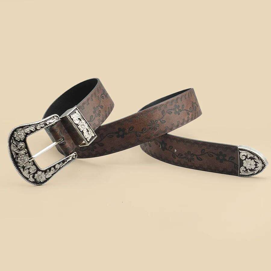 Vintage Carved Buckle for Women Men - Brown Textured Floral Print Western Style Fashion Versatile Waistband Belt Y260225