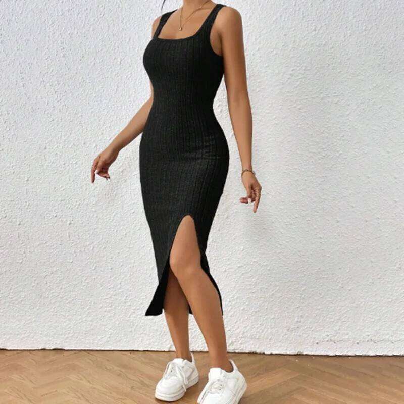 Women Summer Style Knitted Suspender Lady Sleeveless Square Collar Side Slit Skirt Dress Vestidos XJ260225