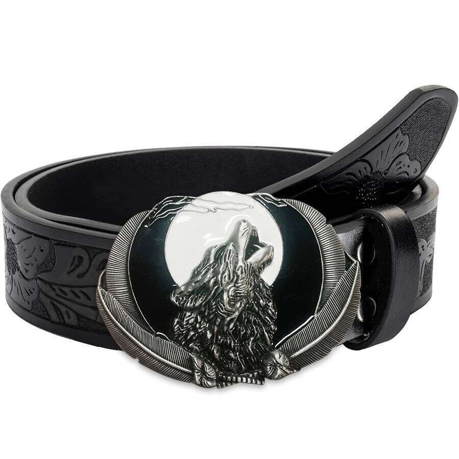 Western men's denim wolf head red moon belt buckle hip-hop personality retro style unisex matching jeans/ca Y260225