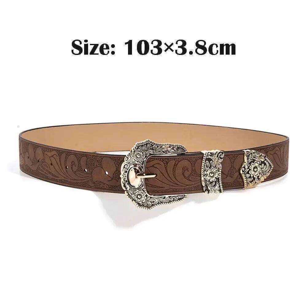 Western Brown PU Leather Vintage Female Cowgirl Waist Belt with Metal Caved Buckle 3set Designer Belts For Women Jeans Y260225