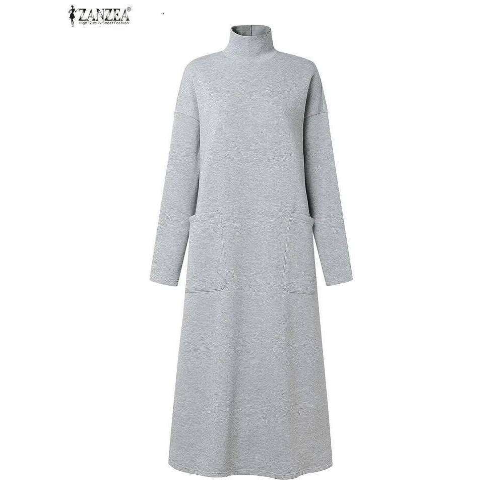 ZANZEA Fashion Sweatshirt Dress Women Casual Turtleneck Long Sleeve Solid A-Line Midi Dresses for Woman FW 2025 Cozy Warm Robes XJ260225