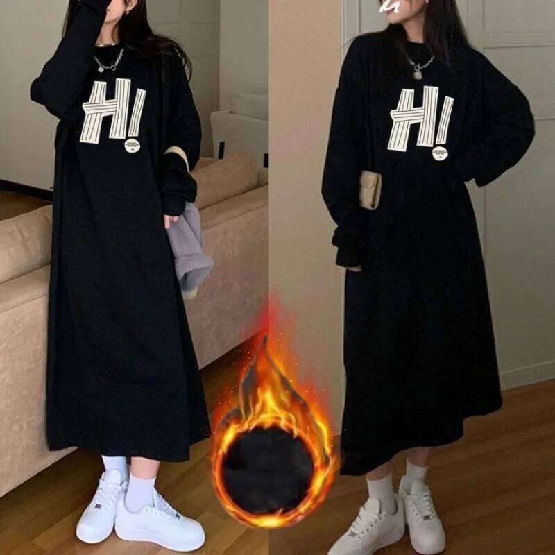 Korean Fashion Autumn Winter Long Knee Length Dress Women's Round Neck Printed Letters Patchwork Loose Fleece Thick Warm Dresses XJ260225