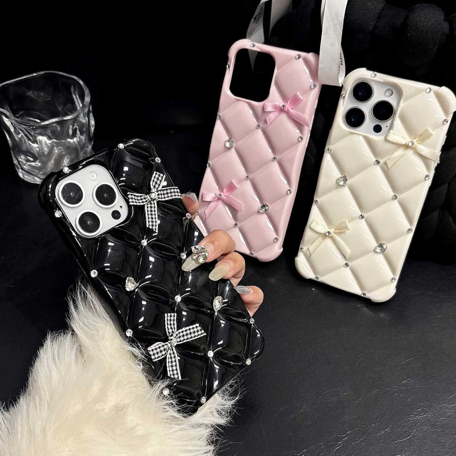 3D Grid Soft TPU Phone Case | Cute Bowknot Bling Diamond Shockproof Cover for iPhone 11-16 SeriesT260225