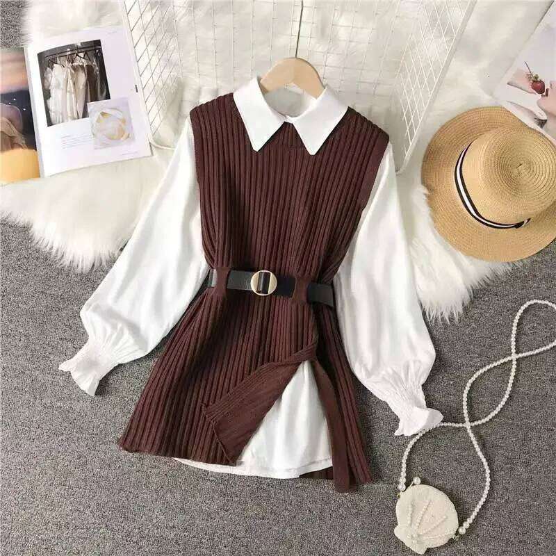 2024 Spring Two 2 Piece Knitted Vest Set Women Long Sleeve Shirt Solid Autumn Vintage College Style Waistband Sweater Tops XJ260225