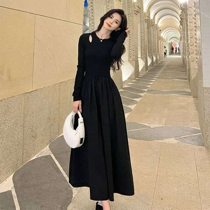 Fanan 2024 New Sleeve O-neck A-line Dress Fashion Streetwear Vestidos Lady Korean Style Hollow Out Black Long Dresses Women XJ260225