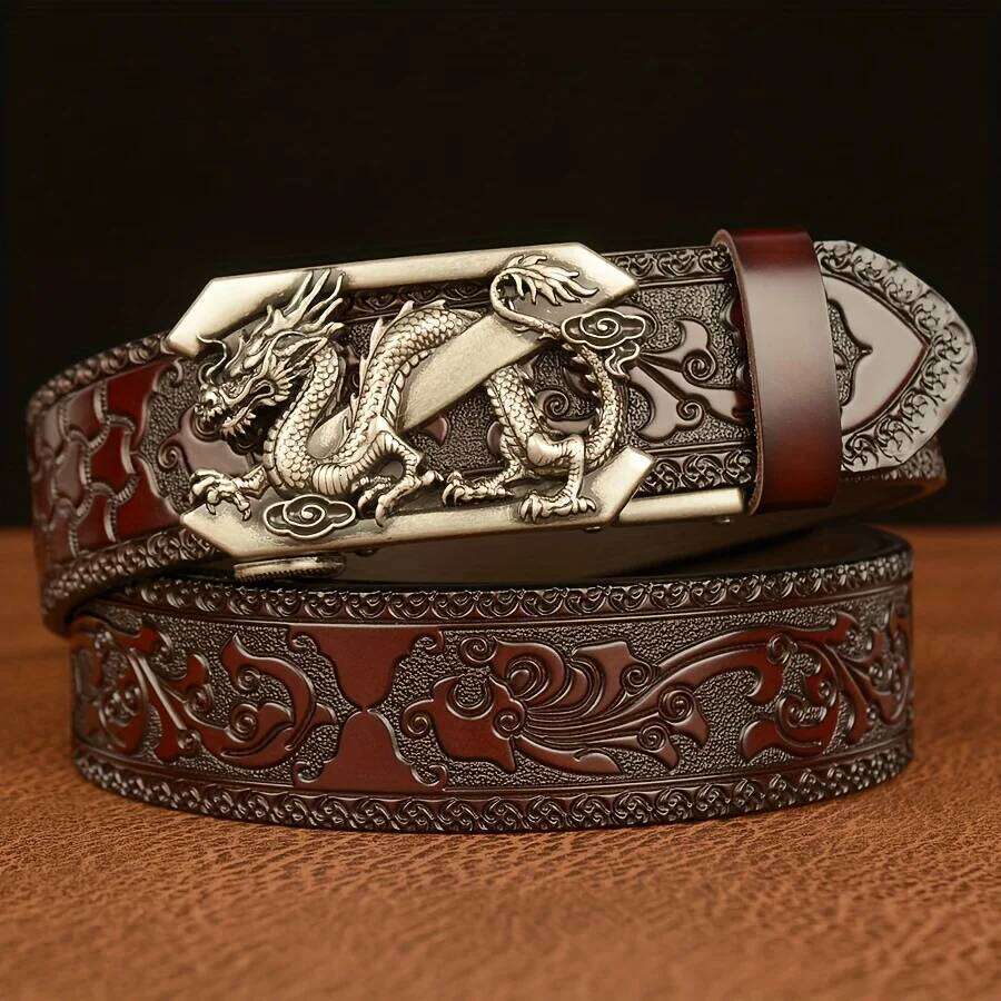 Men' Vintage Automatic Buckle Genuine Leather with Golden-Tone Dragon & Floral Embossed Design Black Casual Belt for Jeans Y260225