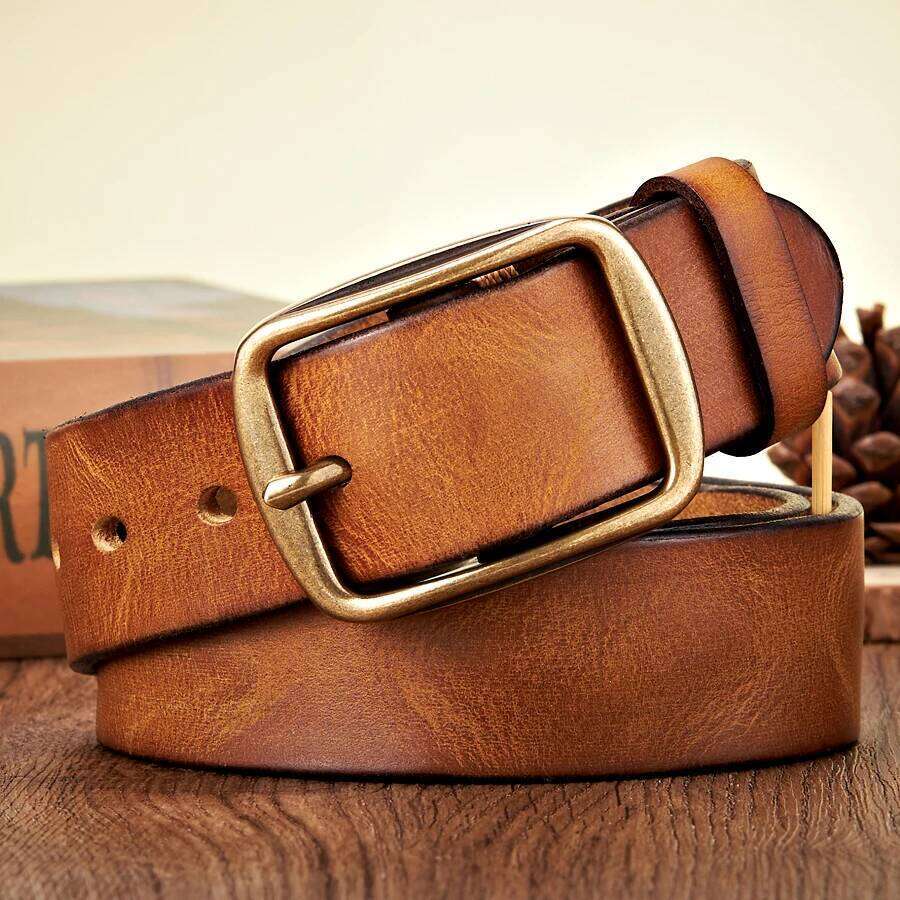 3.8CM Real Genuine Thick Leather Cowhide Copper Pin Buckle Casual Jeans Men High Quality Retro Cowboy Belt Male Strap Y260225