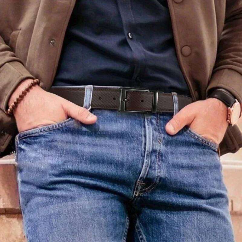 1pcs Men's Leather Reversible Belt, Rotate Black Buckle Y260225