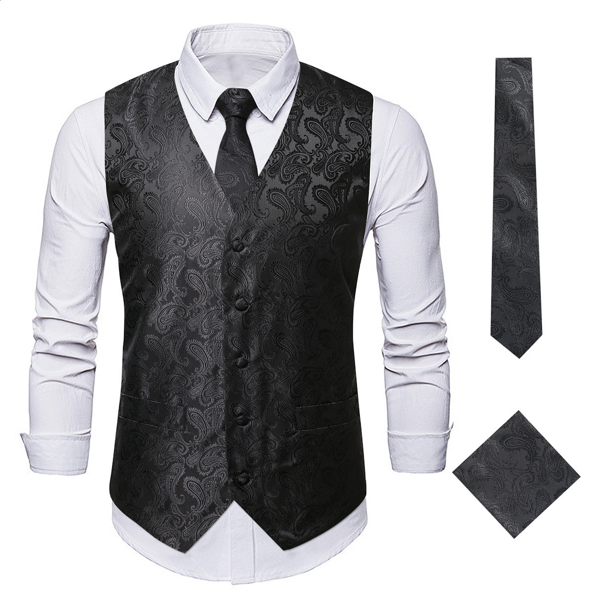 Men's Vests Hi-Tie 20 Color Silk Men's Vests Tie Business Formal Dress Slim Sleeveless Jacket 4PC Hanky Cufflink Blue Paisley Suit Waistcoat