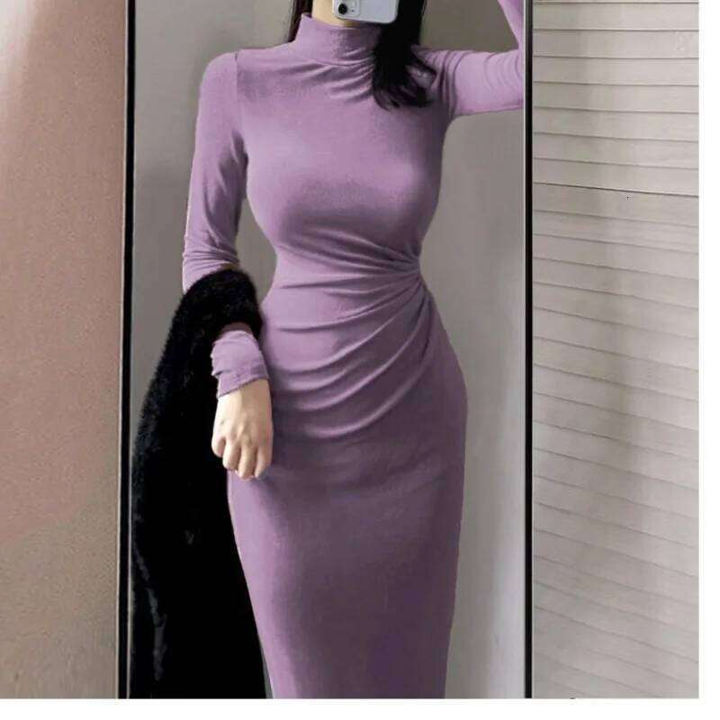 Women's 2024 Spring Autumn New Sexy Fashion Skinny High Neck Solid Color Patchwork Long Sleeved Ruched Wrapped Hip Bottom Dress XJ260225