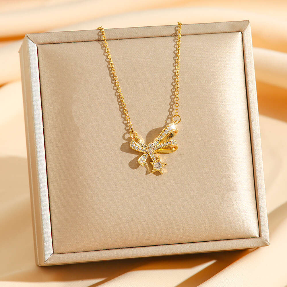 Fairy Girl Bowknot Titanium Steel Necklace Plated With 18K Sparkling Zirconium Diamond Light Luxury Meteor Goddess Clavicle Chain