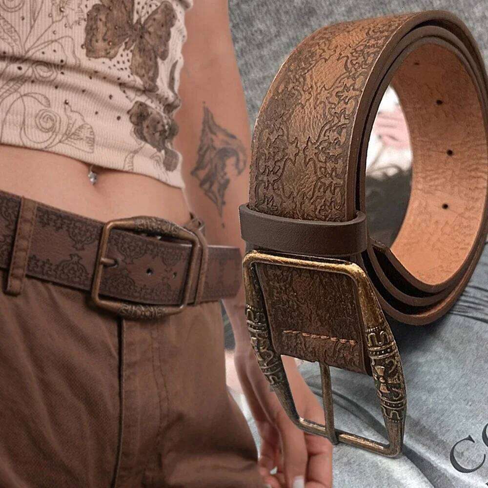Western Brown PU Female Cowgirl Waist Belt Designer for Women Jeans Y2K Vintage Printed Pin Buckle Belts Y260225