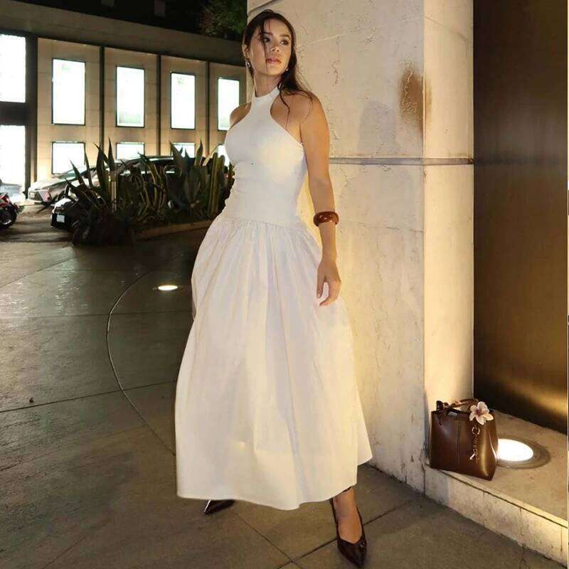Dresses Summer Women's 2025 New Chic Elastic Slim Elegant Hanging Neck Long Women Street Fashion Youth Holiday Dress XJ260225