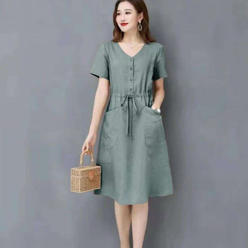 Women's Clothing Korean Elegant Loose Simplicity Intellectual Fashion Round Neck Casual Short Sleeve Pockets Drawstring Dresses XJ260225