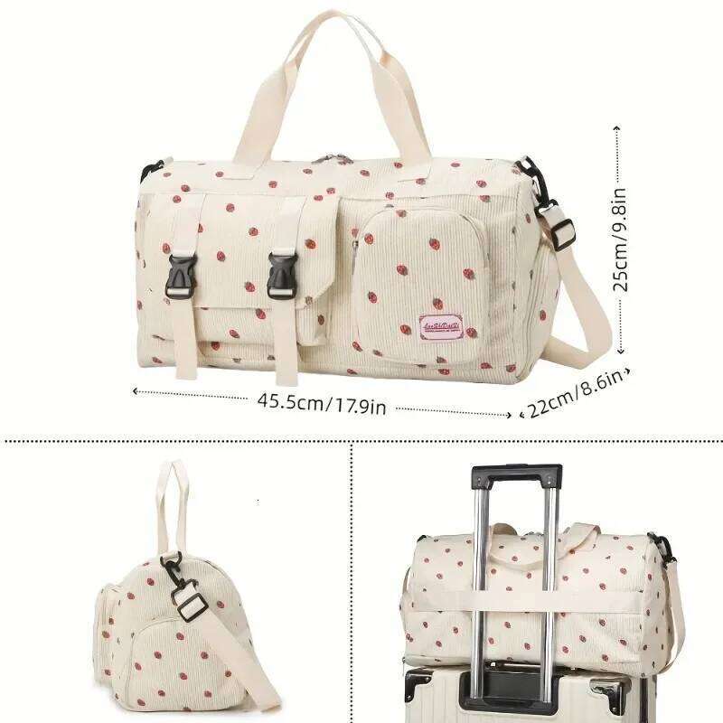 Large Capacity Strawberry Print Duffel Bag with Multiple Compartments, Durable Nylon Casual Gym & Travel Bag, Secure Zippers Y260225