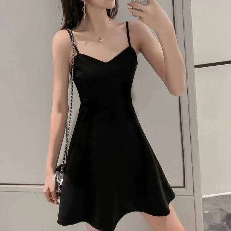 Elegant Spaghetti Strap Black for Women Sweet Sleeveless V-Neck Sling Dress Ladies Summer New A-Line Short Vestidos Mujer XJ260225