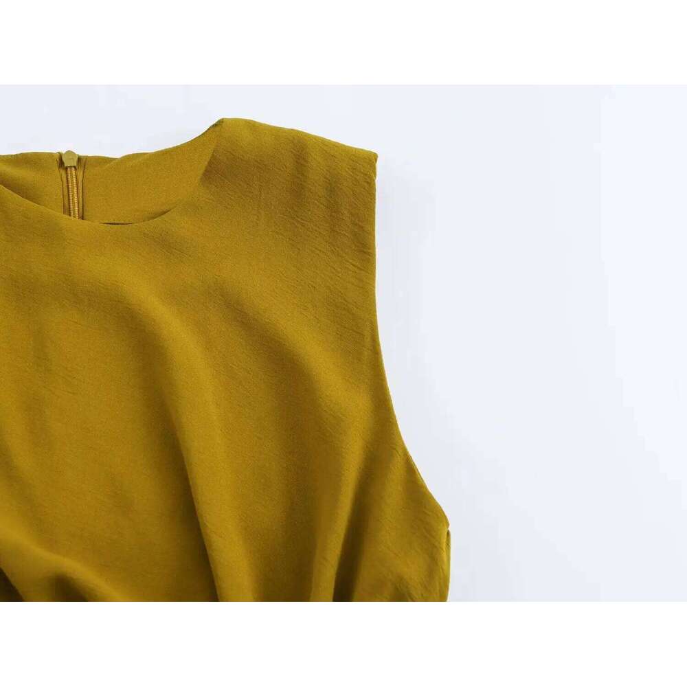 2025 summer new women's casual fashion simple pleated decoration temperament round neck sleeveless midi dress XJ260225