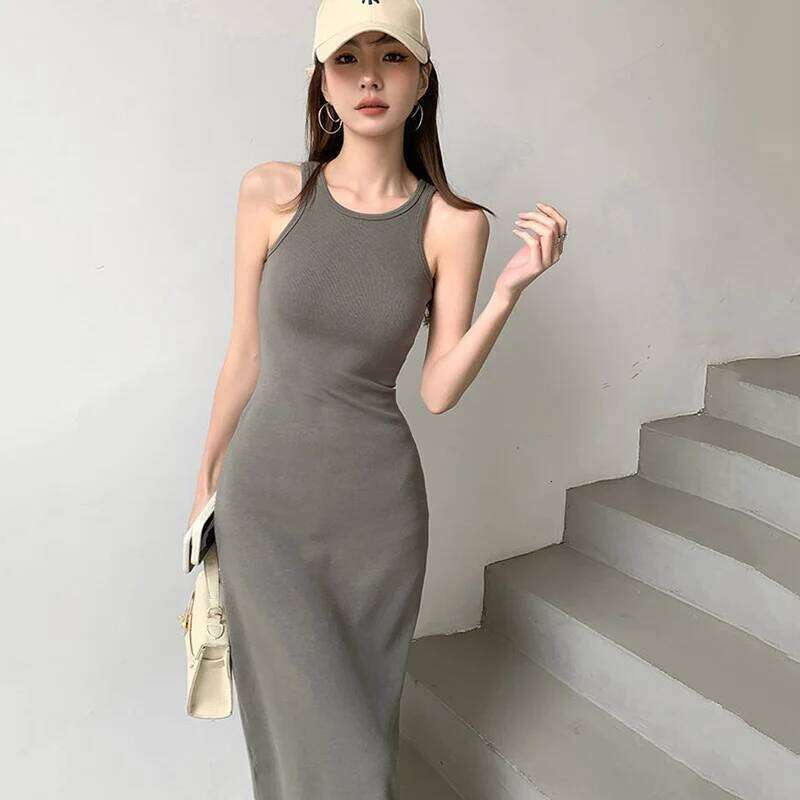 Korean Style Sleeveless Long Women 2025 Back Hollow Out Midi Bodycon Dresses Woman Summer Slim Fit Beach Party Dress Mujer XJ260225