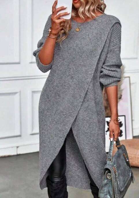 Women's Knitted 2023 Temperature Commuting Slim Fit Round Neck Irregular Long Sleeps Hand Woven Medium Pullover Dress XJ260225