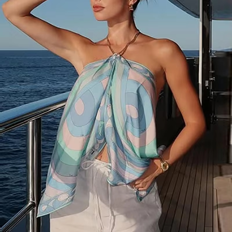 Fashion Halter Printed Vest Women Tank Tops Sleeveless Women T-Shirts Lady Beach Holiday Tops Fashion Shirt