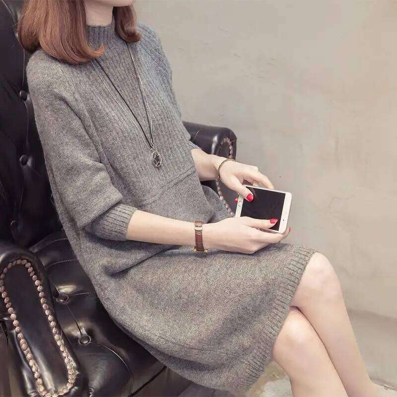 2023 Autumn and Winter Women's Pullover Half High Neck Sweater Solid Color Loose Mid Length Underlay Fashion Long Sleeve Dresses XJ260225