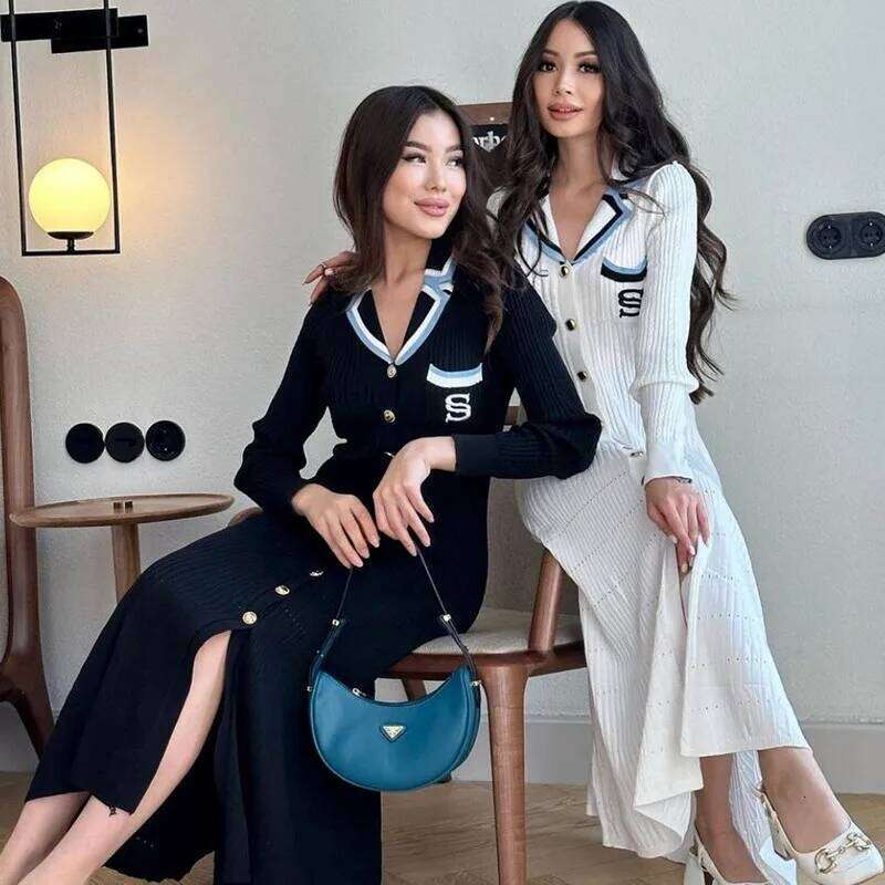 YuooMuoo Elegant Embroidery Letter Knitted Maxi Autumn Winter Brand Fashion Lady Notched Black Sweater Dress Office Robes XJ260225