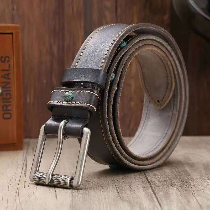 Rivet Retro Men's Top Layer Genuine Leather Pin Buckle Male Hand-sewn Cowskin Luxury Quality Designer Belt Men Y260225
