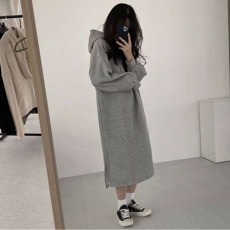 Hooded Dresses for Women Autumn Winter Baggy Plus Velvet Sporty College Midi Simple Korean Style Basic Young Fashion Vestidos XJ260225