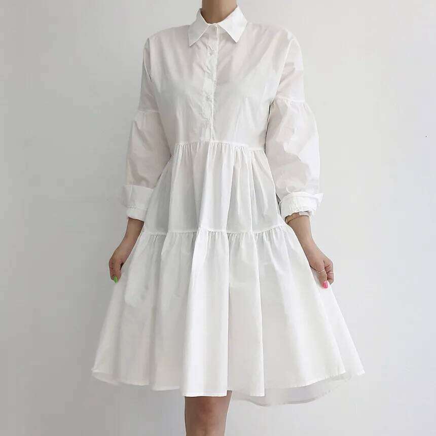 REALEFT Autumn Elegant Lantern Sleeve Women's A-line Shirts Dresses Turn-down Collar Buttons Casual Loose Umbrella Dress Female XJ260225