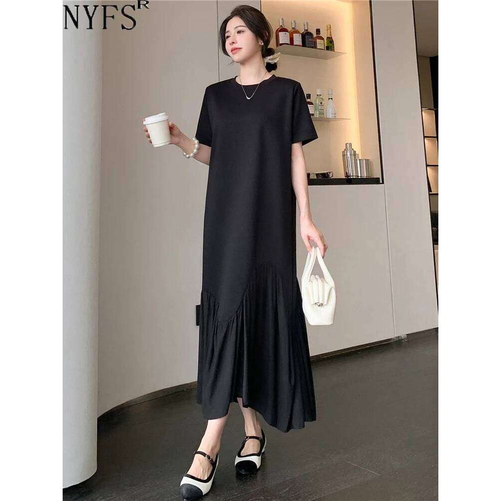 NYFS 2025 Summer New Korea Irregular Woman Vestidos Robe Elbise Loose Plus Size Patchwork Short Sleeve Long Dress XJ260225