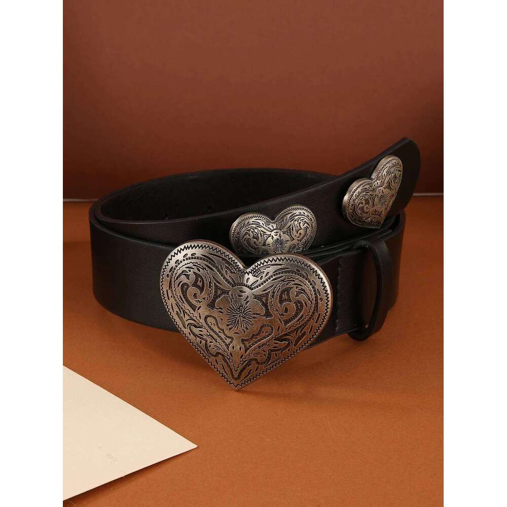 1pc women's black punk y2k engraved metal buckle heart-shaped tail jeans belt suitable for daily travel Y260225