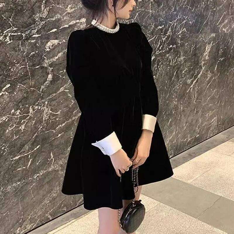 Fashion Beading Mini Dress Round Neck Spring Autumn Solid Color Women's Clothing Aura Elegant A-Line Waist Basic Spliced Dresses XJ260225